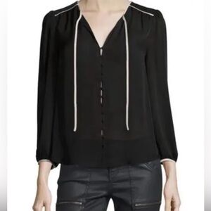 Joie Medford Silk V-Neck Draped Blouse Black with Cream Trim Size S